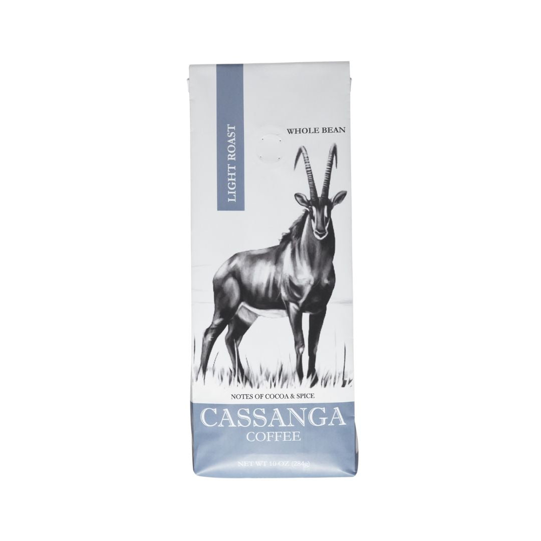 Front view of Cassanga Coffee Light Roast whole bean coffee (10 oz), single-origin African beans grown at tropical altitude with naturally low acidity.