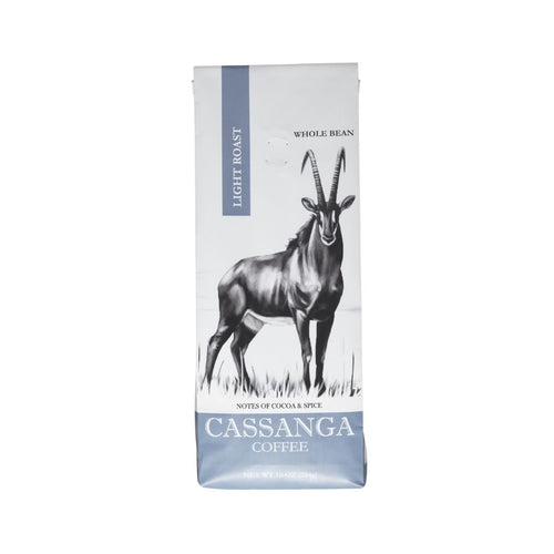 Front view of Cassanga Coffee Light Roast whole bean coffee (10 oz), single-origin African beans grown at tropical altitude with naturally low acidity.